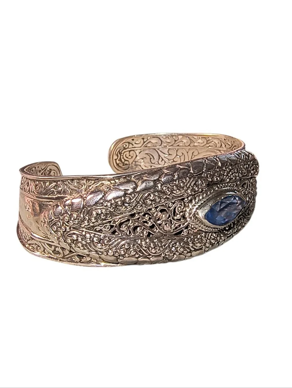 Sarda Bali Sterling Silver Filigree Cuff Bracelet with Blue Stone